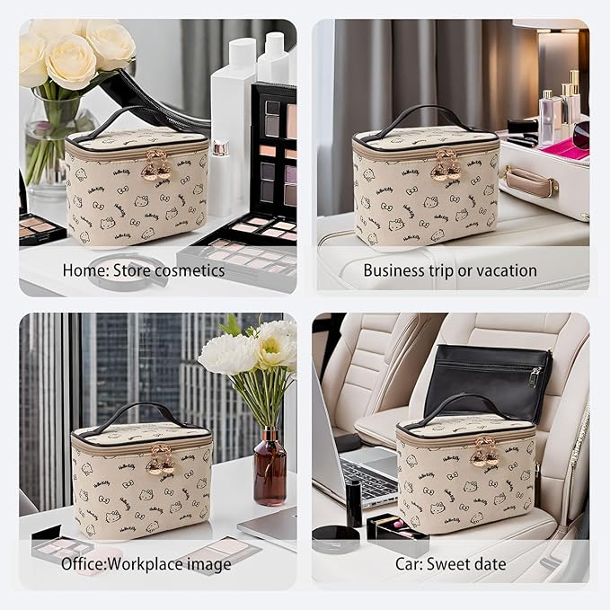AmBealla Make up Bag Travel Cosmetic Bags Brush Holder Zipper Pouch Case Organizer Cute Organizer Suitable for Purse for Women (Beige Bucket Bag)