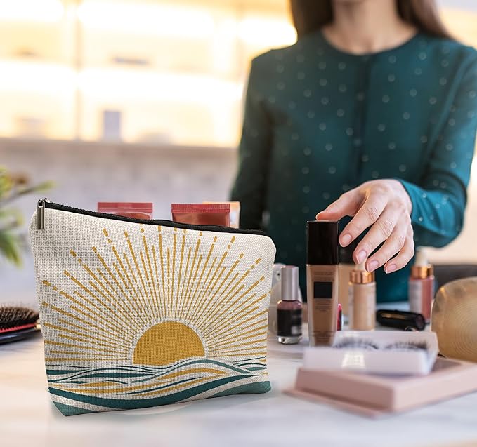 Boho Cosmetic Bag - Sunshine Ray Abstract Boho Sunrise Ocean Landscape Makeup Bag Gifts For Women & Teen Girls