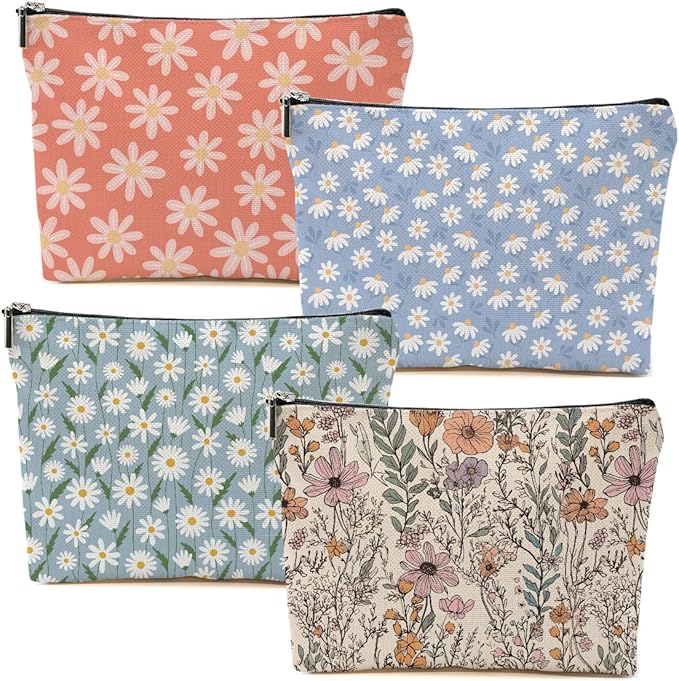 4pcs Vintage Floral Makeup Bag, Daisy Flower Cosmetic Bag Garden Gifts for Women Female Girls Sister BFF Nature Lover, Travel Zipper Pouch Christmas Thanksgiving Birthday Gifts