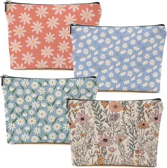 4pcs Vintage Floral Makeup Bag, Daisy Flower Cosmetic Bag Garden Gifts for Women Female Girls Sister BFF Nature Lover, Travel Zipper Pouch Christmas Thanksgiving Birthday Gifts