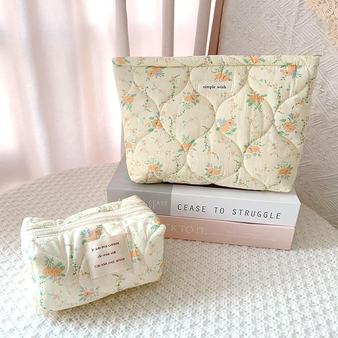 2 Pieces Floral Makeup Bag, Cute Travel Quilted Pouch Cosmetic Bag Organizer, Small Cotton Coquette Aesthetic Purse Toiletry Bag for Women Girls accessories (2PCS-Beige Floral)