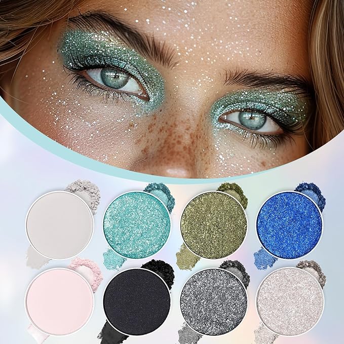 UCANBE 8 Colors Eyeshadow Makeup Palette, Vibrant Smokey Matte Metallic Shimmer Glitter Eye Shadow Pallet, High Pigmented Black Blue Silver Gold Make Up Kit for Daily and Parties