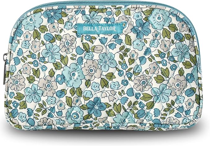 Bella Taylor Large Quilted Cotton Makeup Pouch for Women, Travel Cosmetic Bag, Quilted Cotton Delicate Floral Blue