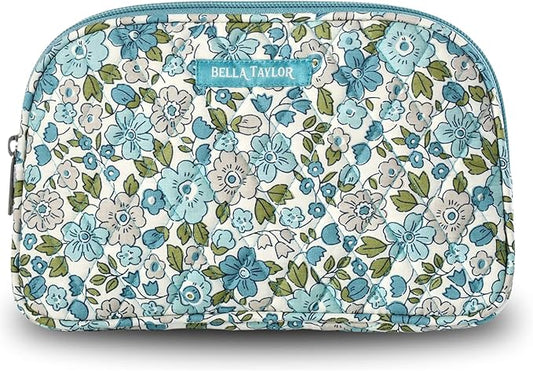 Bella Taylor Large Quilted Cotton Makeup Pouch for Women, Travel Cosmetic Bag, Quilted Cotton Delicate Floral Blue