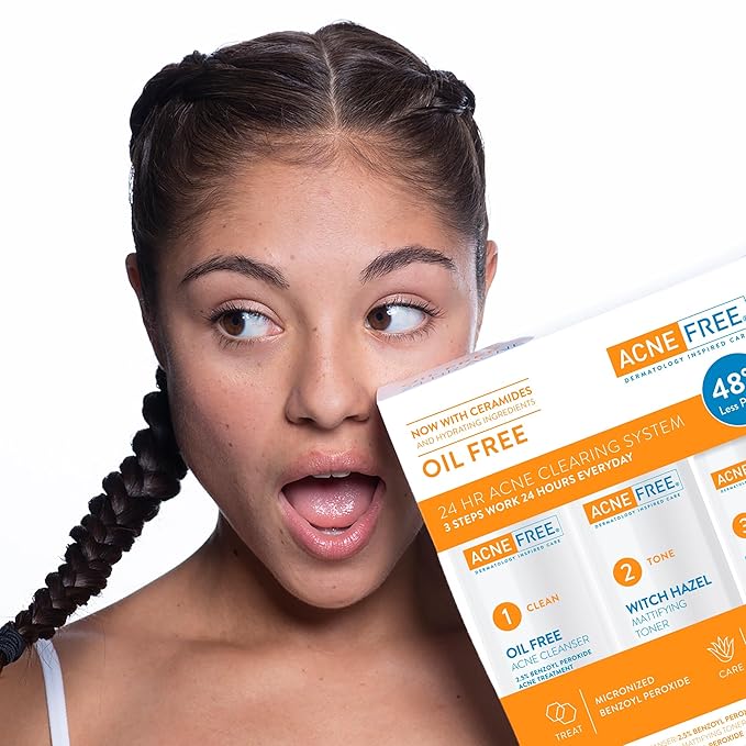 Acne Free 3 Step 24 Hour Acne Treatment Kit - Clearing System W Oil Free Acne Cleanser, Witch Hazel Toner, & Oil Free Acne Lotion - Acne Solution W/ Benzoyl Peroxide for Teens and Adults - Original