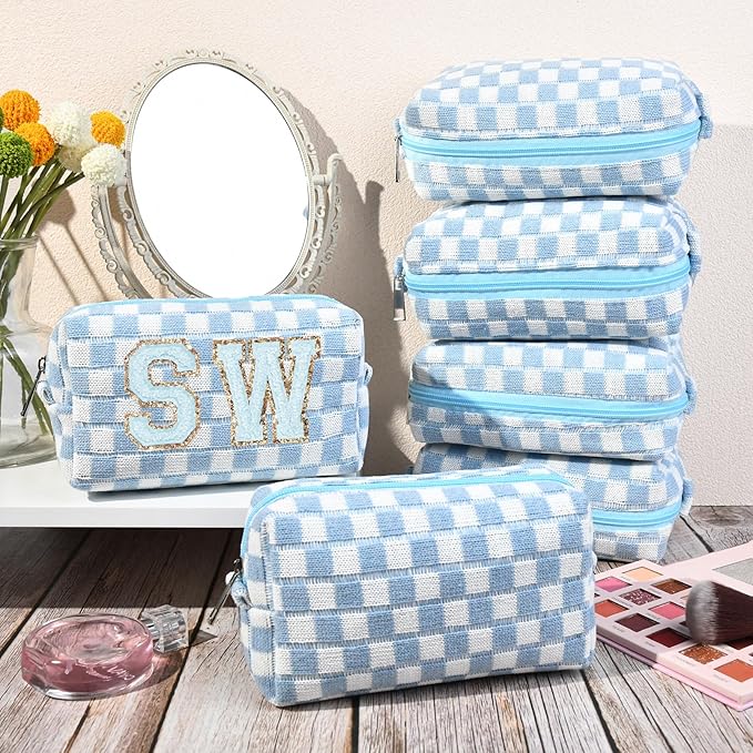 6 Pcs Preppy Makeup Bag Bulk Checkered Cosmetic Bag Light blue Makeup Pouch Personalize Travel Toiletry Bag Organizer Cute DIY Makeup Brushes Storage Bag for Women