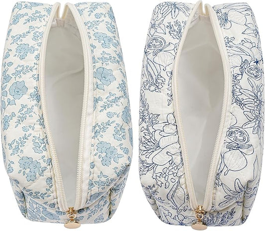 Makeup Bag Travel Cosmetic Bag for Women Girls, Zipper Make Up Pouch, Floral Flowers Toiletry Organizer Makeup, Portable Storage Bag, Cosmetic Travel Cloth Bag (Blue Floral+Navy Blue Flower)