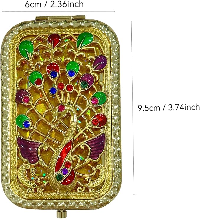 1PC Vintage Spread The Wings Peacock Pattern Cosmetic Makeup Pocket Purse Magnification Jewel Mirror （Rectangle）