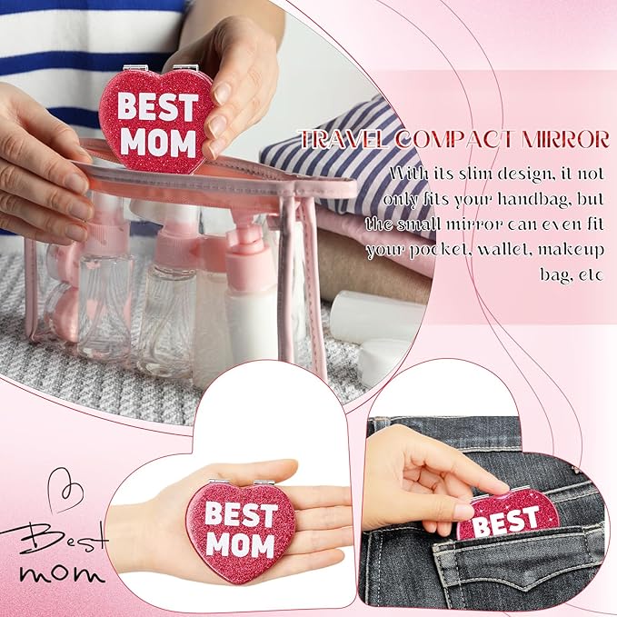Geelin 3 Pcs Gifts for Mom from Daughter Son Best Mom Gifts Heart Compact Mirror Travel Magnifying Vanity Portable Mini Makeup Pocket Mirror Double Sided with Glitter for Women Birthday Mother's Day