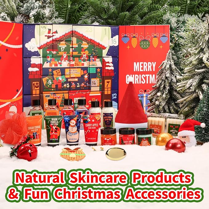 Advent Calendar 2024 Adult, Holiday Gift Baskets for Women with Hand Cream, Epsom Salt, Candle, Necklace, Brooch, Ear Clips, Skincare Beauty Advent Calendar, Happy New Year Countdown Calendar Gift Set