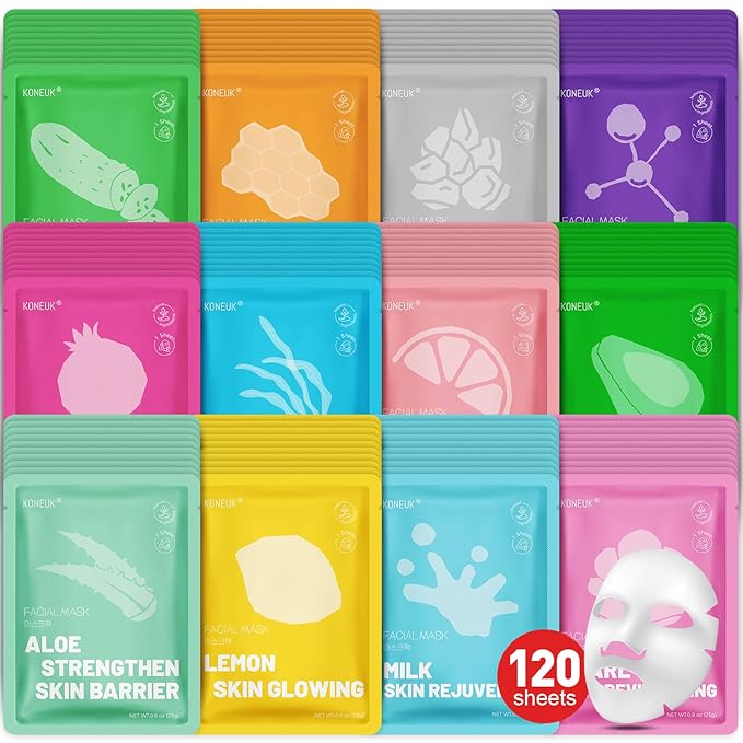 120 Pack Collagen Essence Sheet Face Masks Skincare, Moisturizing & Hydrating Face Mask for Skin Care, Bulk Face Masks for All Skin Types, Spa Party Gifts for Women (12 Types x 10 Pcs)
