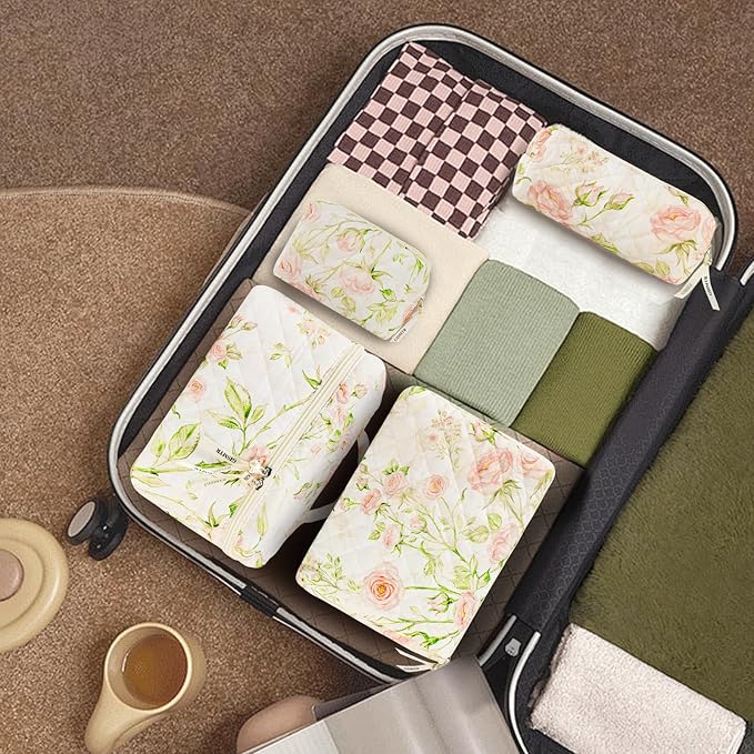 4Pcs Quilted Makeup Bag Set Cute Floral Cosmetic Bag Cotton Coquette Make up Bag Aesthetic Travel Toiletry Bag for Women Girls
