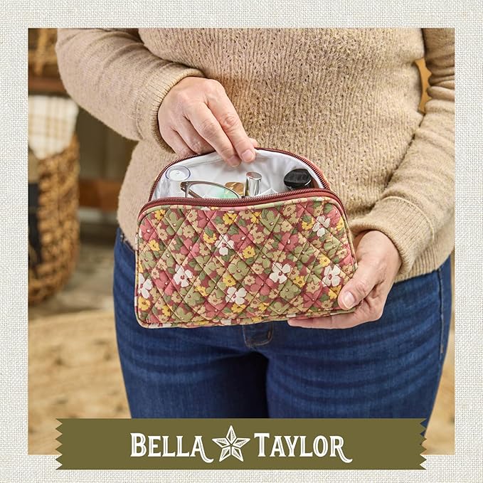 Bella Taylor Large Makeup Pouch for Women | Quilted Cotton Cosmetic Bag for Travel and Organization | Autumn Garden
