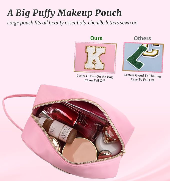 Aveniee Monogram Makeup Bag for Women,Personalized Travel Makeup Bag With Handle,Preppy Cosmetic Organizer Makeup Brush Bag,Birthday Gifts for Teen Girls Mom Wife-Pink J