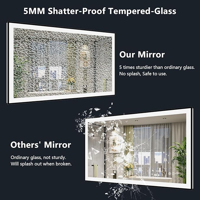 55x40 Inch LED Bathroom Mirror with Lights (Front Lit and Backlit) Black Framed Lighted Vanity Mirror for Bathroom Wall Dimmable Anti-Fog Memory Tempered Glass Horizontal/Vertical