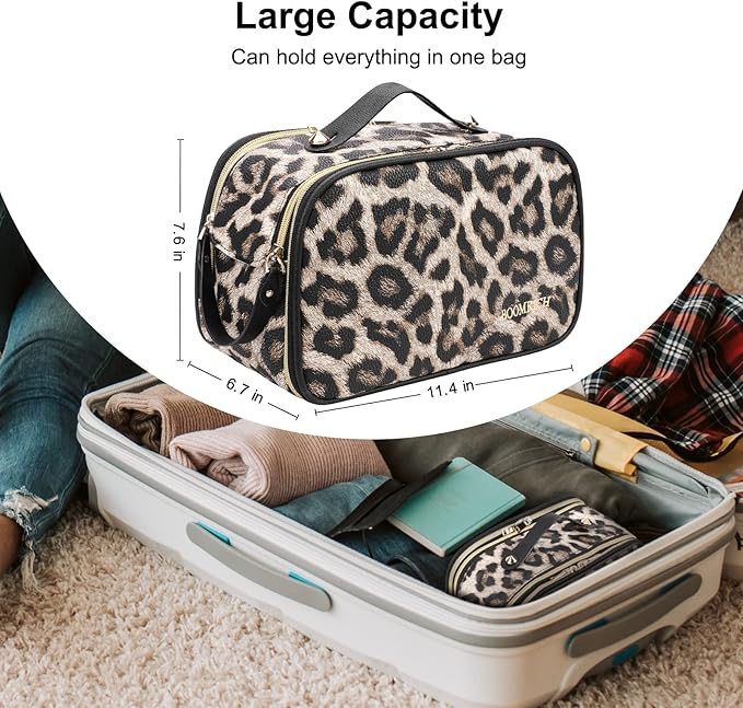 BOOMRICH Large Travel Makeup Bag, Cosmetic Bag, Toiletry Bag for Women, Water-Resistant Leather Toiletry Organizer, Dopp Kit for Toiletries Accessories, Leopard