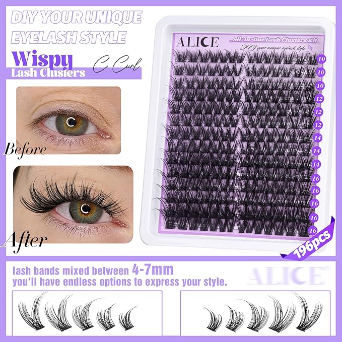 ALICE Cluster Eyelash Extension Kit Natural Wispy Lash Clusters Kit DIY Lash Extension Kit 196pcs 10-18mm Individual Lashes with Mix 4-7mm of Lash Band Lash Glue Lash Twezeers