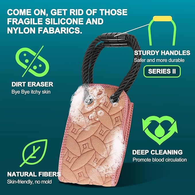 Exfoliating Back Scrubber for Use in Shower, 38.5 Inch Back Washer with Handles, Dual-Sided Body Exfoliator for Daily & Deep Skin Cleaning, Bath Back Scrub Washcloth for Men & Women (Pink)