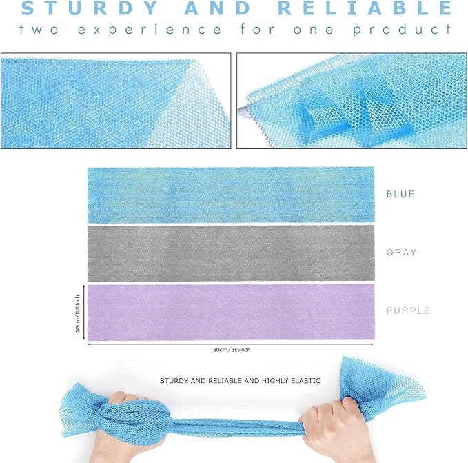 3 Pieces African exfoliating net African Net Long Net Bath Sponge Exfoliating Shower Body Scrubber Back Scrubber Skin Smoother,Great for Daily Use (Purple Gray Blue)