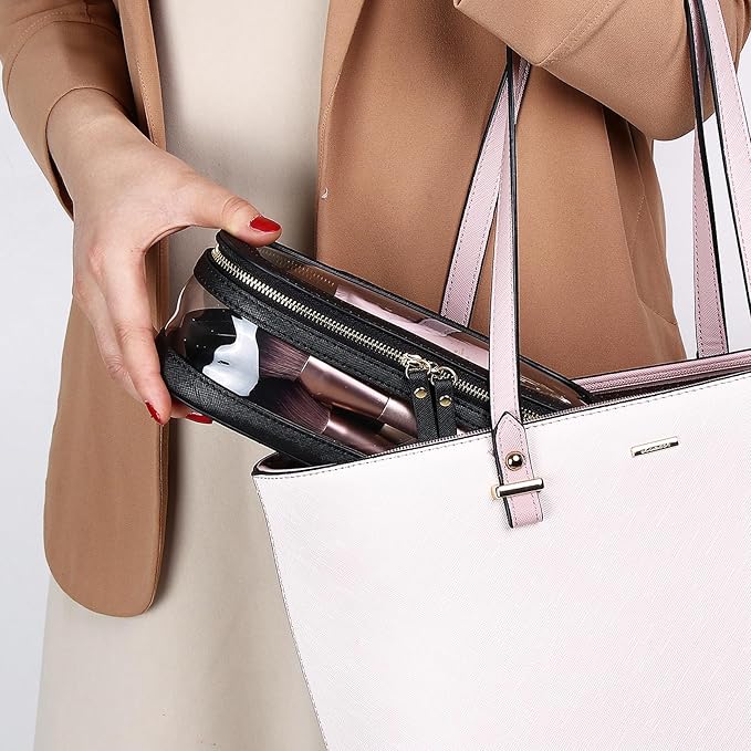 Makeup Brush Case Clear Travel Cosmetic & Toiletry Bag Slim Makeup Bag with Zipper Small Purse Organizer Car Essential Bag for Women (Black, SLIM-2),