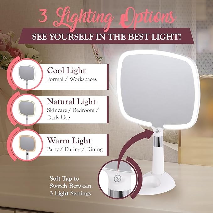 MIRRORVANA® Lighted Travel Hand Mirror with Comfy Handle and Detachable Stand - Portable, Thin and Lightweight Design - Rechargeable with 3 LED Light Settings - 9" x 13" (White)