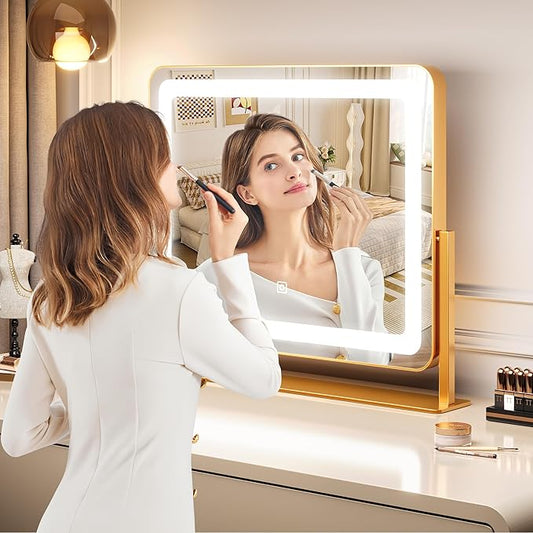 19.6"x15.7" Vanity Mirror with Lights, Large Lighted Mirror, LED Makeup Mirror with 3-Color Dimmable Modes and Smart Touch Control, Perfect for Desk or Bedroom, Vanity Desk Tabletop Makeup, Gold