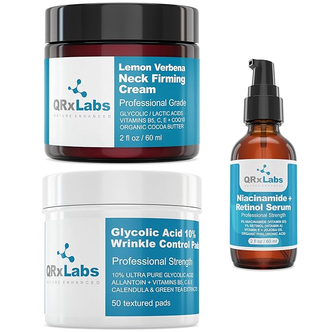 QRxLabs Anti-Aging Skincare Bundle: Glycolic Acid 10% Wrinkle Control Pads, Lemon Verbena Neck Firming Cream, and 5% Niacinamide + Retinol Serum – Anti-Wrinkle, Tightening, and Moisturizing
