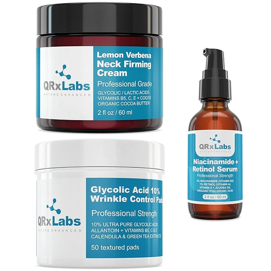 QRxLabs Anti-Aging Skincare Bundle: Glycolic Acid 10% Wrinkle Control Pads, Lemon Verbena Neck Firming Cream, and 5% Niacinamide + Retinol Serum – Anti-Wrinkle, Tightening, and Moisturizing