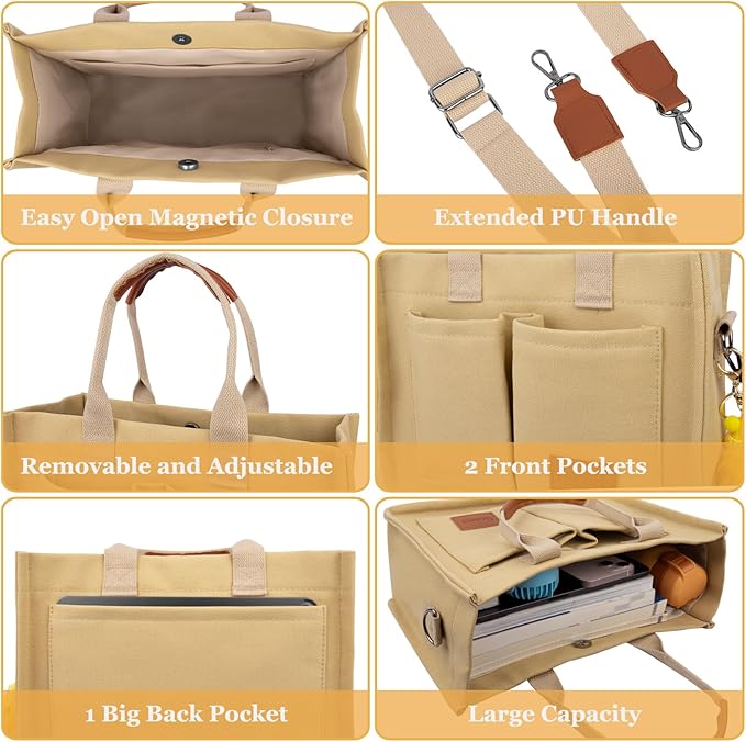 Canvas Tote Bag for Women With Pockets, Laptop Work Crossbody Purses Everything Shoulder Tote Bag Everyday Satchel Handbags