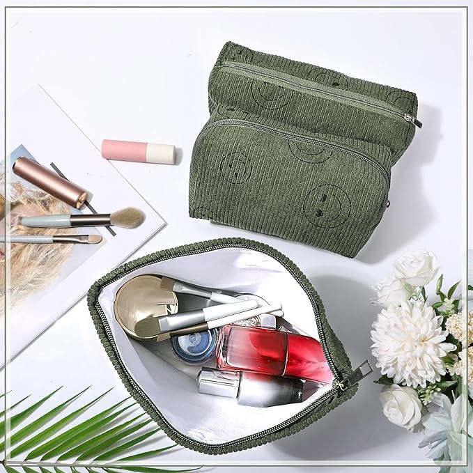 3 Pcs Makeup Bag Set for Women Corduroy Cosmetic Pouch Aesthetic Smile Travel Toiletry Bag Cute Purse Pouch Pencil Case Makeup Brushes Storage Organizer for Christmas(Army Green,Smile Face)