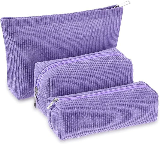 3 Pcs Makeup Bag Set for Women Corduroy Cosmetic Pouch Aesthetic Smile Travel Toiletry Bag Cute Purse Pouch Pencil Case Makeup Brushes Storage Organizer for Christmas(Purple,Solid Style)