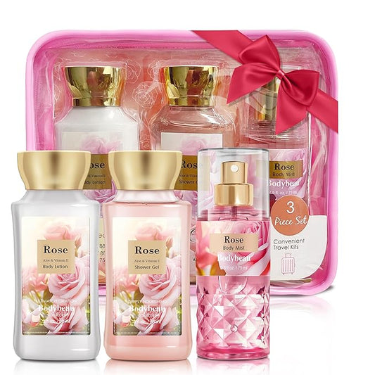 Bath and Body Gift Set for Women & Girls, Rose 3PCS Set for - Shower Gel, Body Lotion, Body Mist, Personal Portable Body Care Travel Set for Birthday Mother's Valentine's Day Gifts for Her
