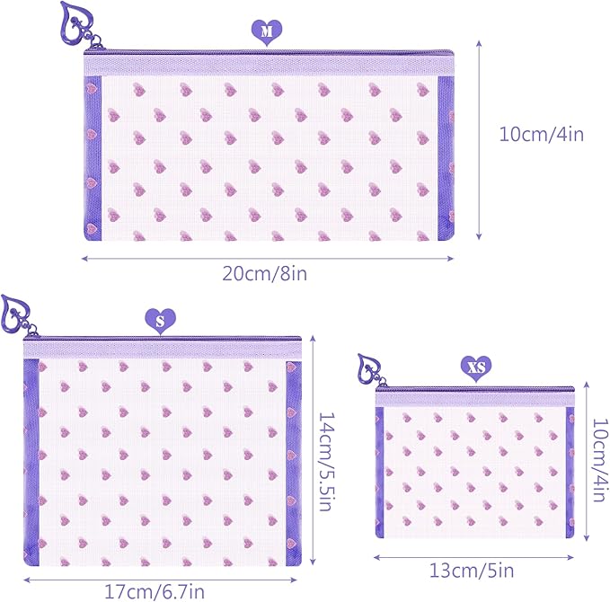 6 Pack Mini Zipper Mesh Makeup Bags, Heart Print Nylon Cosmetic Bags Toiletry Bags for Office Travel Organization (Purple, XS)