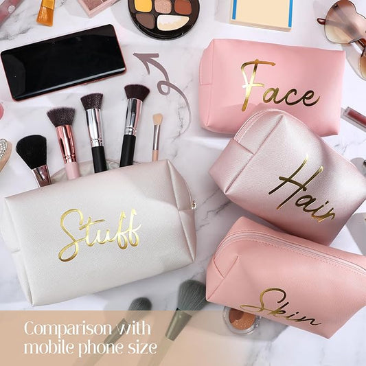 Aliceset 4 Pcs Preppy Makeup Bags Set Cute Travel Cosmetic Pouch Face Skin Hair Stuff Aesthetic Makeup Bags, PU Leather Waterproof Zipper Toiletry Pouch Gifts for Women Girl(Nude Pink)