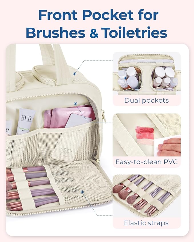 BAGSMART Travel Toiletry Bag, Lightweight Large Wide-open Travel Bag for Women, Puffy Cosmetic Makeup Bag Organizer with Handle for Accessories,Essentials, Toiletries, Green