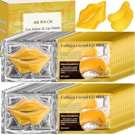 40 Pcs Lip and Eye Mask Set,Collagen Lip Mask Sheet and Under Eye Patches,Gold Lips Masks Skincare,Gold Gel Crystal Collagen Eye Patches,Moisturizing Reducing Fine Lines & Dark Circle