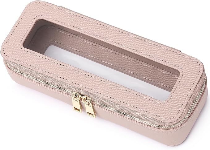 Makeup Brush Case Clear Travel Cosmetic & Toiletry Bag Small Makeup Bag with Zipper Purse Organizer Car Essential Bag for Women (Pink, SLIM)