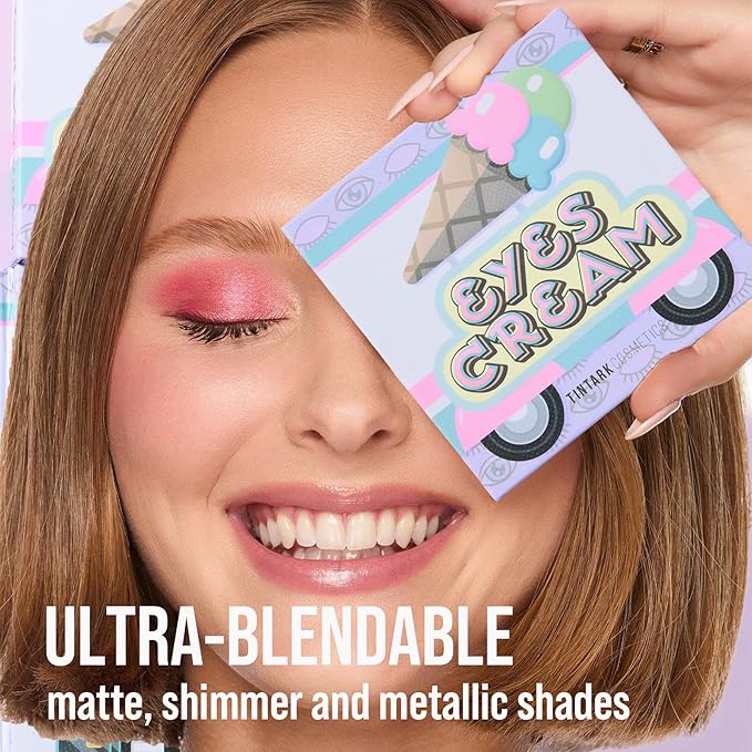 Eyes Cream Eyeshadow Palette Makeup, Blue Pink Nude Brown Glitter Shimmer Matte Eye Shadow Pallets for Cute Popular Eye Make up, 18 colors Ice Cream Original Design, Talc Free