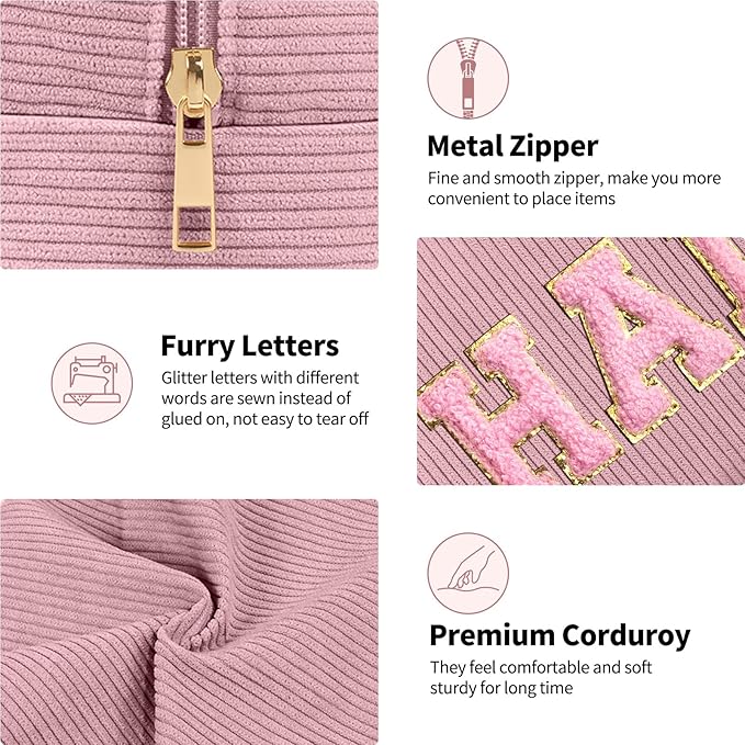 MAGEFY Corduroy Makeup Bag Small Makeup Bag for Purse with Compartments Cute Makeup Pouch Cosmetic Bag for Women Friends Preppy Gifts (Pink, HAIR)