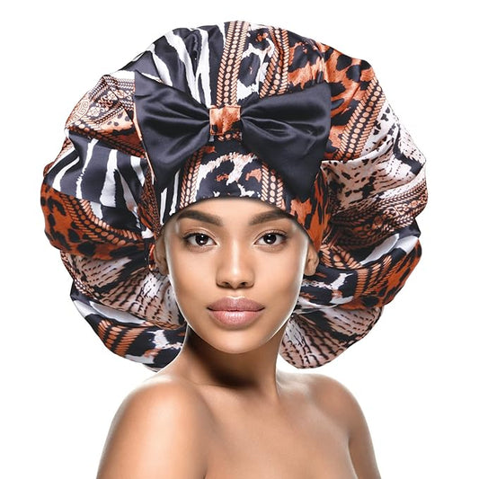 DONNA Jumbo Bow Ribbon Bonnet 1pc Satin Bonnet for Sleeping Removable Reversible Bow Ribbon for Women with Curly Hair, Crochet Hairstyles Silk Hair Accessories Shower Cap Multi Animal Pattern