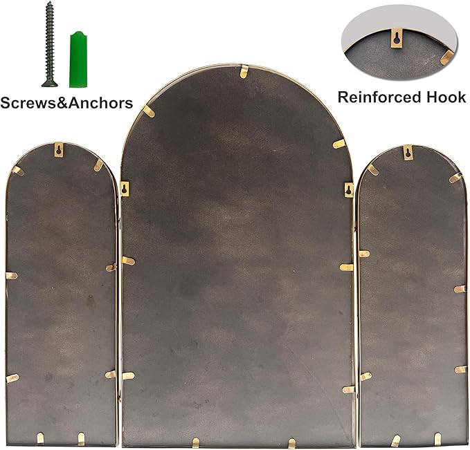 3 Way Mirror Bathroom, Trifold Vanity Mirrors for Bathroom Bedroom, Large Arch Mirrors Decorative Vintage Gold, Adjustable Makeup Mirror for Braiding Hair 360° Way Tabletop & Wall Mounted