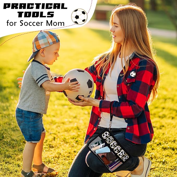 4 Pcs Soccer Bags Gifts Chenille Letter Makeup Bags with 4 Pins Preppy Clear Cosmetic Bag Waterproof Zipper Pouch for Girls Soccer Mom Player Lover Coach