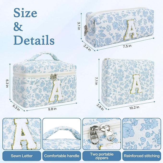 3 Pcs Travel Initial Quilted Makeup Bag set, Toiletry Personalized Floral Makeup Bag Birthday Gifts for teens girls and women, Cosmetic bags makeup organizer bag set-A