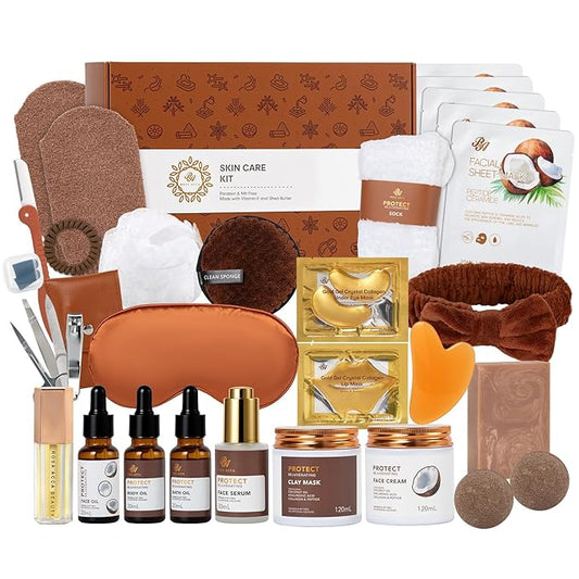 Christmas Gifts for Women, Coconut 32 Pcs Facial Skin Care Kit, Home Spa & Self-Care Gifts, Bath and Body Gifts, Lip Oil, Face Sheet Mask, Serum, Birthday, Valentines, Mother Day, All Occasion Present