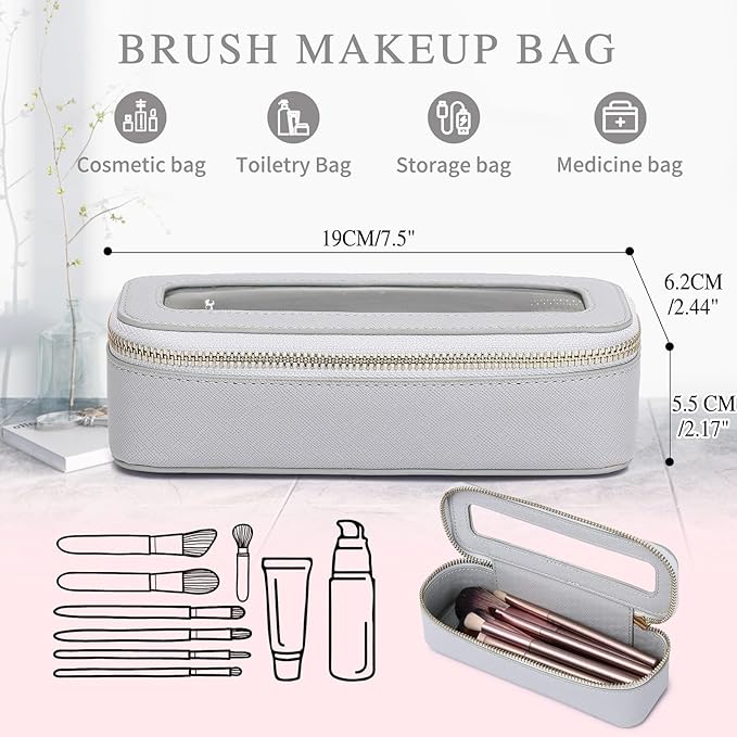 Makeup Brush Case Clear Travel Cosmetic & Toiletry Bag Slim Makeup Bag with Zipper Small Purse Organizer Car Essential Bag for Women (Gray, SLIM-3)