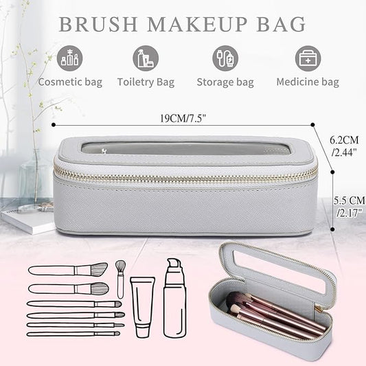 Makeup Brush Case Clear Travel Cosmetic & Toiletry Bag Slim Makeup Bag with Zipper Small Purse Organizer Car Essential Bag for Women (Gray, SLIM-3)