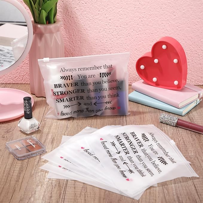 100 Pcs Inspirational Gifts for Girls Women Travel Cheer Makeup Bag Bulk Loved Quotes Cosmetic Bags with Zipper Thank You Encouragement Birthday Gift Bag for Nurse Teacher Friend (You Are Braver)