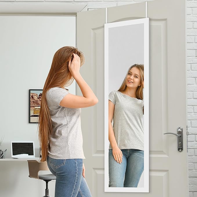 Americanflat 12x48 Over The Door Mirror - Hanging Full Length Mirrors with Engineered Wood - Modern Mirror for Bathroom, Bedroom, Living Room - Mirrors for Wall Display and Home Decor - White