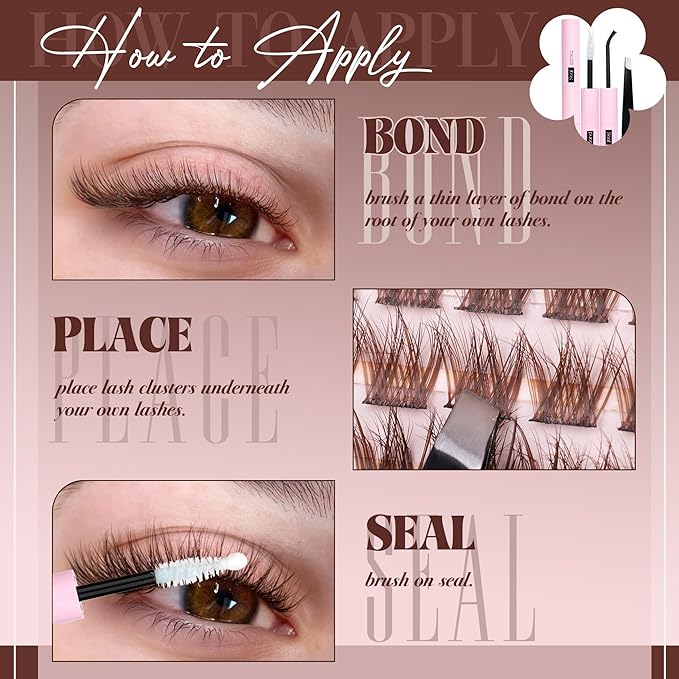 Brown Lash Clusters Kit Natural Dark Brown Eyelash Extensions Kit Wispy Individual Lashes C-Curly Cluster Lashes Extensions with Bond and Seal Lash Glue and Eyelashes Tweezers Lash Kit