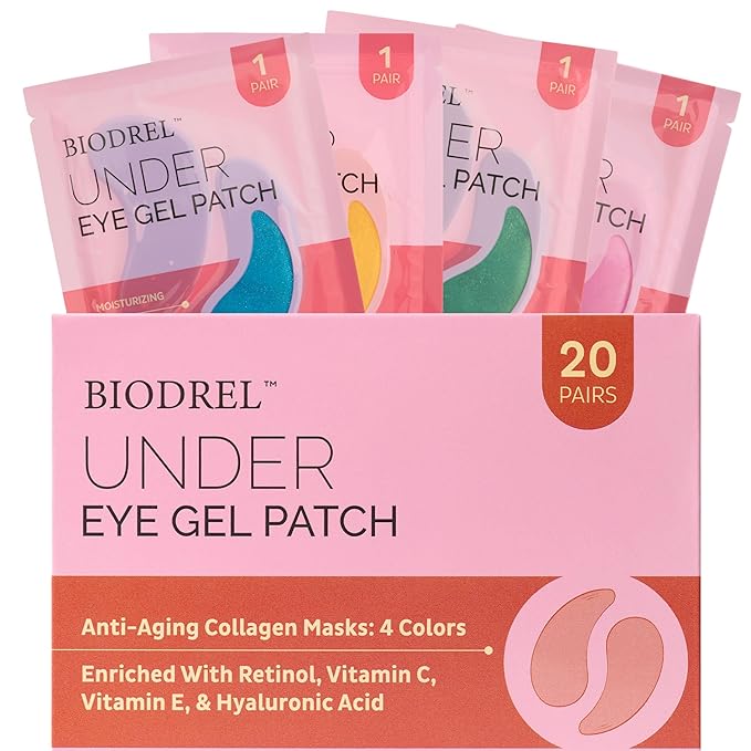 BIODREL- Under Eye Patches (20 Pairs) for Dark Circles, Puffy Eyes, Wrinkles, Eye Bags Treatment - Collagen Mask for Men & Women with Retinol, Vitamin C - Cooling Eye Gel Pads - Puffiness Care Masks